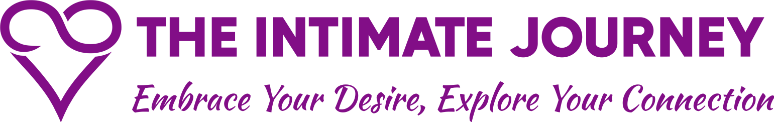 A purple logo showing the outline of a heart mixed with an infinity symbol. Text reads "The Intimate Journey. Embrace Your Desire, Explore Your Connection."